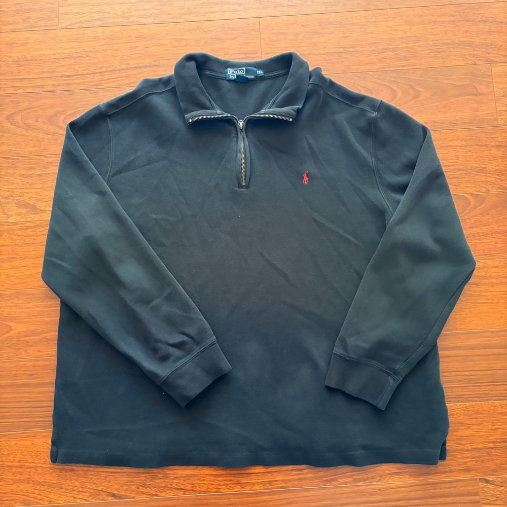 Polo Ralph Lauren Men XXL Black Quarter Zip Pullover Cotton Red Pony Sweater